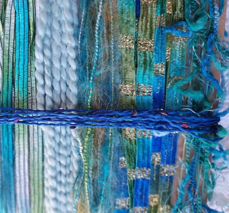 NEW Mermaid's Lair 20 yds. fiber art yarn bundle/embellishment trim 10X2/weaving/blue green teal yarn/junk journal/dreamcatcher DIY/fringe image 1