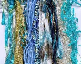 Mermaid's Lair 18 yds. fiber art yarn bundle/ blue green aqua pack/embellishment trim novelty yarn/junk journal/dreamcatcher/weaving
