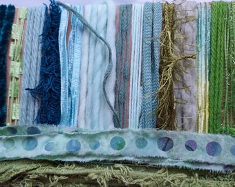 16 yds. GREEN teal  Sampler Fiber Art  yarn TEXTURAL bundle/junk journal/mixed trim Green /Embellishment trim/nature journal/weaving