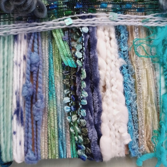 20 yds SEAGLASS  Fiber Art Yarn Pack/Novelty yarn bundle with aqua BATIK STRIP/junk journal, mixed media/aqua, teal, blue, white
