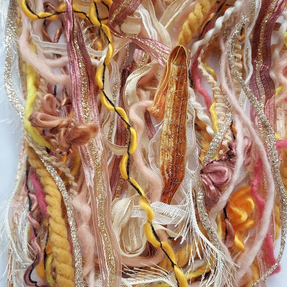 Goldenrod, Peach & Cream fiber art  Yarn Bundle / tassel-making/Mixed Media Fiber Supply/novelty yarn pack/ embellishment trim/16 ydsX1