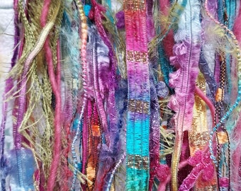 RAINBOW Gems  Fiber Art Yarn bundle/bright novelty yarn 20 yds./10X2 embellishment trim/weaving/junk journal/dreamcatchers/craft yarn  trim