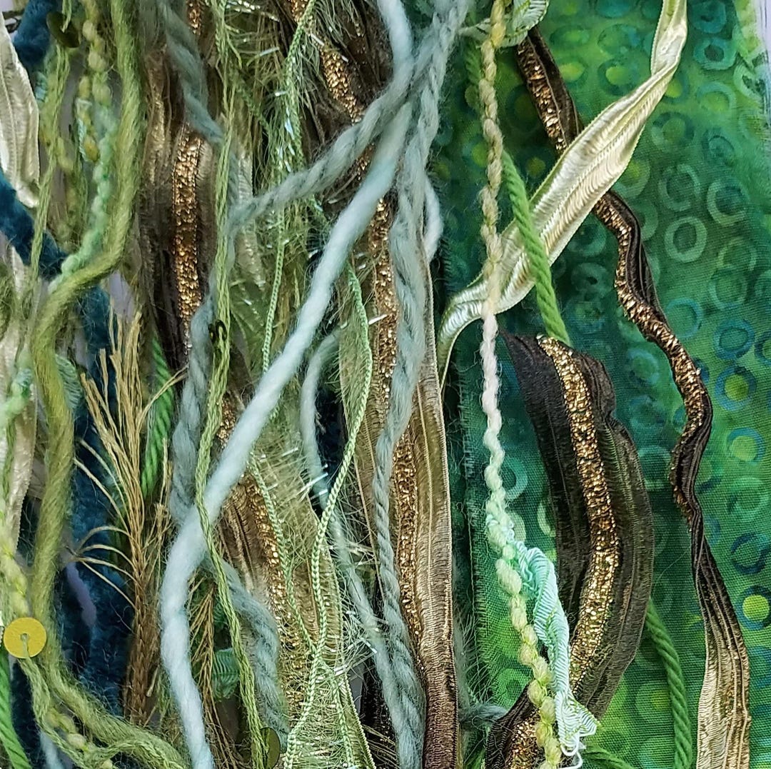 15 Yds. GREEN Sampler Fiber Art Yarn Bundle+ BATIK Strip/junk Journal ...