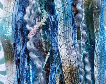 BEACHWALK 17 yds. Fiber art yarn bundle/weaving/embelishment trim/add-ins/dreamcatcher  DIY/fringe  wall-hanging/aqua blue