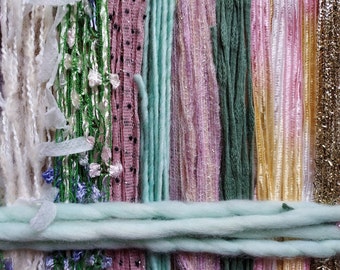 WATERLILY fiber art yarn bundle/ 21 yds. yarn fiber pack/ novelty embellishment trim/junk journal/fiber add-ins/tassels/pastels