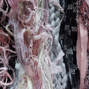 Postcard  from Paris fiber art yarn bundle/17 yds./pink black gray embellishment trim/weaving/shabby chic/Paris junk  journal