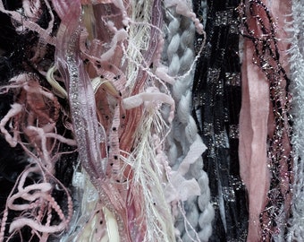 Postcard  from Paris fiber art yarn bundle/17 yds./pink black gray embellishment trim/weaving/shabby chic/Paris junk  journal