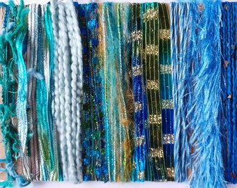 NEW Mermaid's Lair 20 yds.  fiber art yarn bundle/embellishment trim 10X2/weaving/blue green teal yarn/junk journal/dreamcatcher DIY/fringe