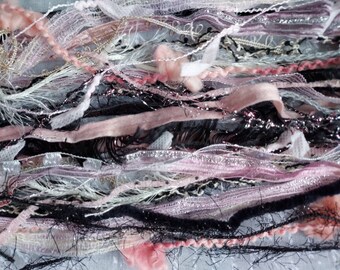 18 yds.Postcard  from Paris fiber art yarn bundle/embellishment trim/pink,black/shabby chic/Paris junk  journal