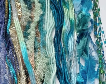 Seascape Yarn Bundle: 18 yds. Novelty Yarns, Teal ,blue, green Fiber Art yarn