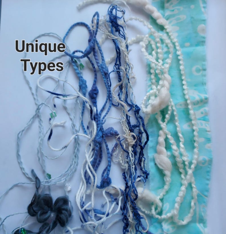 May include: A collection of various textile trims and yarns in shades of blue and white, including braided, knotted, and textured strands, alongside a light blue fabric strip with a white pattern. The text "Unique Types" is visible on the left.