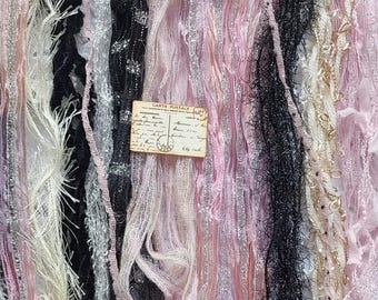 21 yds.Postcard from Paris Fiber Art Yarn Bundle/+ Mini Postcard/novelty yarn pack/pink,black,silver,cream