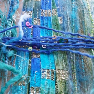 NEW Mermaid's Lair 20 yds.  fiber art yarn bundle/embellishment trim 10X2/weaving/blue green teal yarn/junk journal/dreamcatcher DIY/fringe