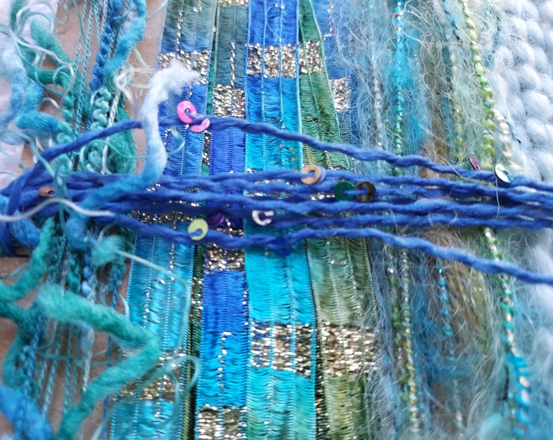NEW Mermaid's Lair 20 yds. fiber art yarn bundle/embellishment trim 10X2/weaving/blue green teal yarn/junk journal/dreamcatcher DIY/fringe image 3