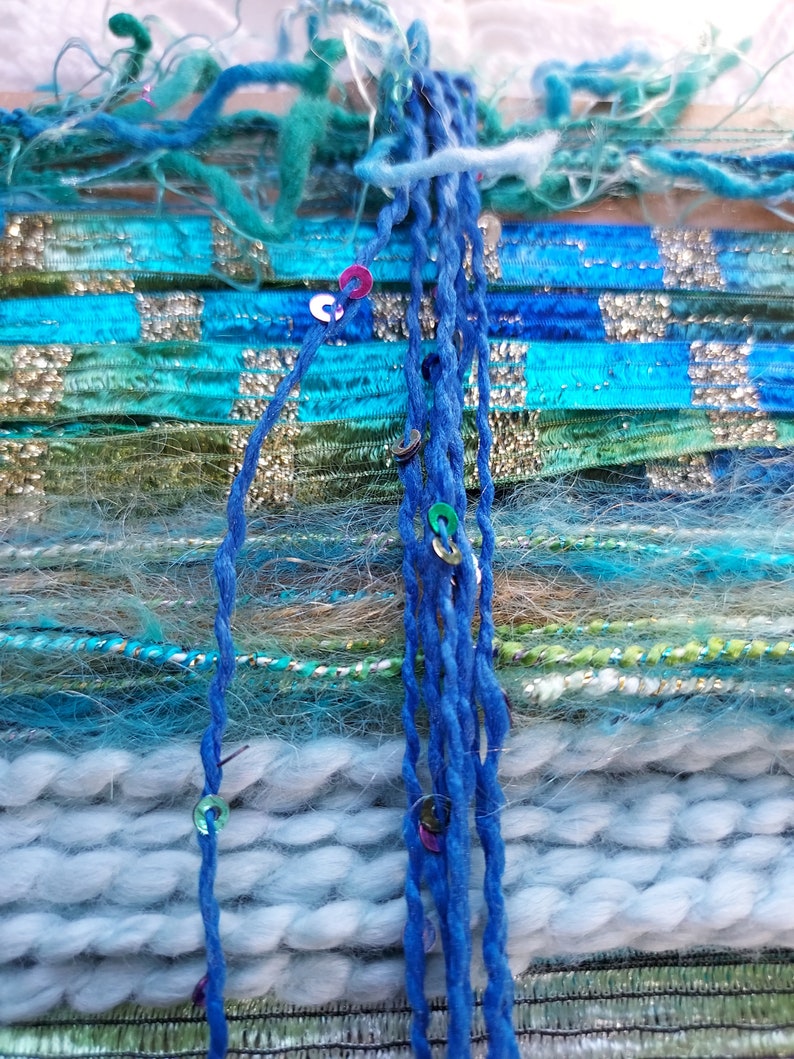 NEW Mermaid's Lair 20 yds. fiber art yarn bundle/embellishment trim 10X2/weaving/blue green teal yarn/junk journal/dreamcatcher DIY/fringe image 6