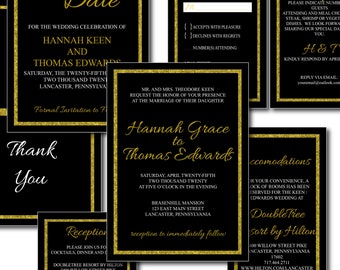 Black and Gold Glitter Glam Calligraphy Wedding Invitation Template Set, Wedding Bundle, Simple Wedding Invitation Template Download Instant