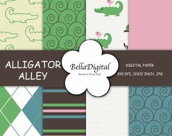 Digital paper Alligator Patterns, Argyle, Stripe and textures. Digital scrapbook background. Digital paper pack. Alligator paper pack