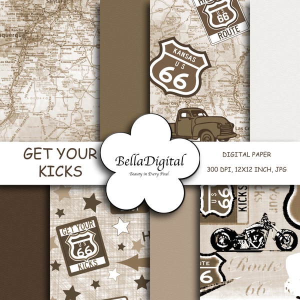 Digital Paper Route 66 Sepia Color Paper Pack. Digital scrapbook background.