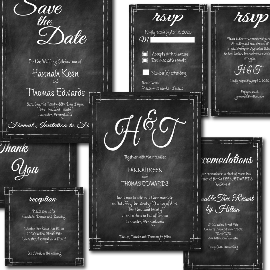Black and White Chalkboard Calligraphy Wedding Invitation Template Set