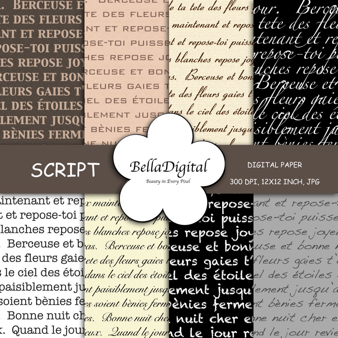 Digital Paper Black White, Brown, Ivory, Gray French Script and Text ...