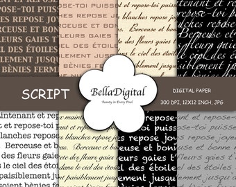 Digitales Papier Schwarz Weiß, Braun, Ivory, Grau French Script und Text Muster. Digitaler Scrapbook Hintergrund. Digitales Papier Pack. Papierpackung