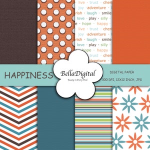 Digital paper Chevron Pattern, Text, Flowers, Stripe, Dots and textures. Digital scrapbook background. Teal, Orange, and Brown paper pack