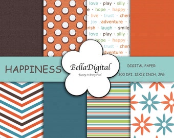 Digital paper Chevron Pattern, Text, Flowers, Stripe, Dots and textures. Digital scrapbook background. Teal, Orange, and Brown paper pack