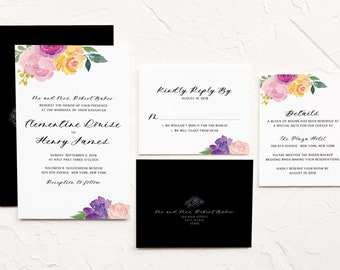 Floral Watercolor Wedding Invitations, Colorful Wedding Invitation - Customizable - Printed - Deposit