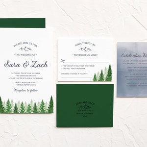 Evergreen, Mountain, Outdoor Watercolor Wedding Invitations - Customizable - Printed - Deposit