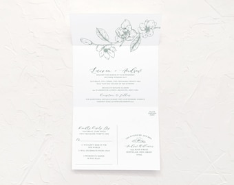 May include: A white wedding invitation with a floral design in green. The invitation reads "Lauren & Andrew" and includes the date, time, and location of the wedding. The RSVP card includes the date and address for the couple.