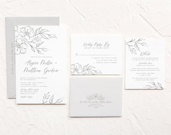 Letterpress Hand Drawn Floral Wedding Invitation, Botanical Wedding Invitations, (One-Color) Wedding Invitations - Customizable - Deposit