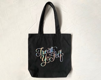 Treat Yo'Self Black Canvas Tote Bag, Reusable, Eco Friendly, 100% Cotton
