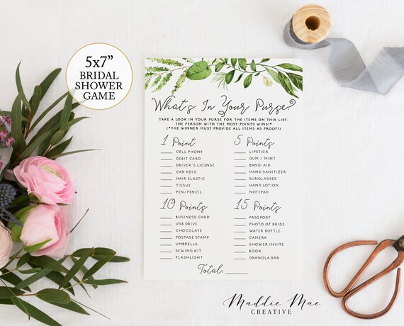 What S In Your Purse Bridal Shower Game Greenery Simple Etsy