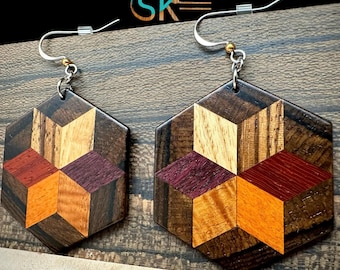 Geometric Hexagon Earrings, Reclaimed Guitar Wood Mosaic, Exotic Tonewood Jewelry, koa