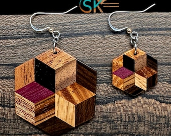 Geometric Reclaimed Wood Earrings – Guitar Wood Hexagon Dangles – Modern Sustainable Statement Jewelry