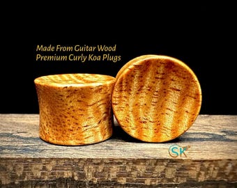 Hawaiian Curly Koa Wood Plugs – Reclaimed Guitar Wood Gauges – Organic Body Jewelry