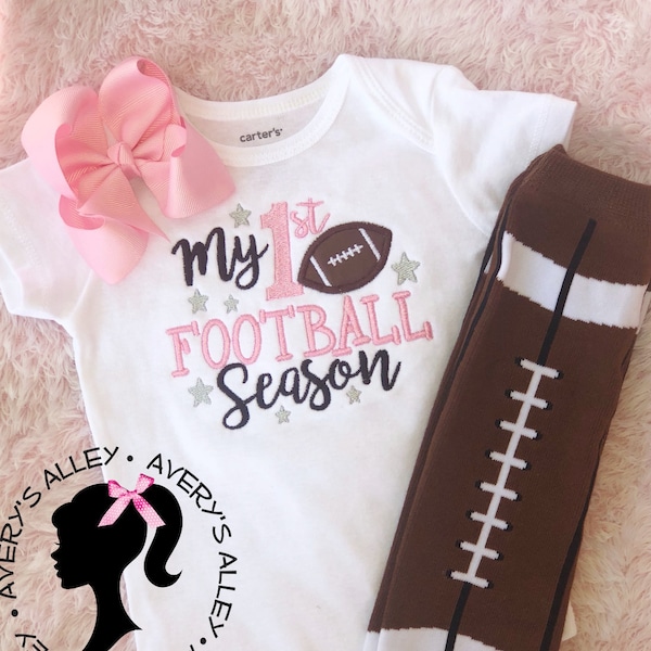 My 1st Football Season - Girls Embroidered First Football Season Shirt or Bodysuit, Hair Bow, Football Leg Warmers