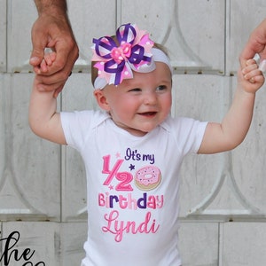 It's my 1/2 Birthday - Girls Personalized Donut Half Birthday Embroidered Shirt, Hair Bow, Leg Warmers