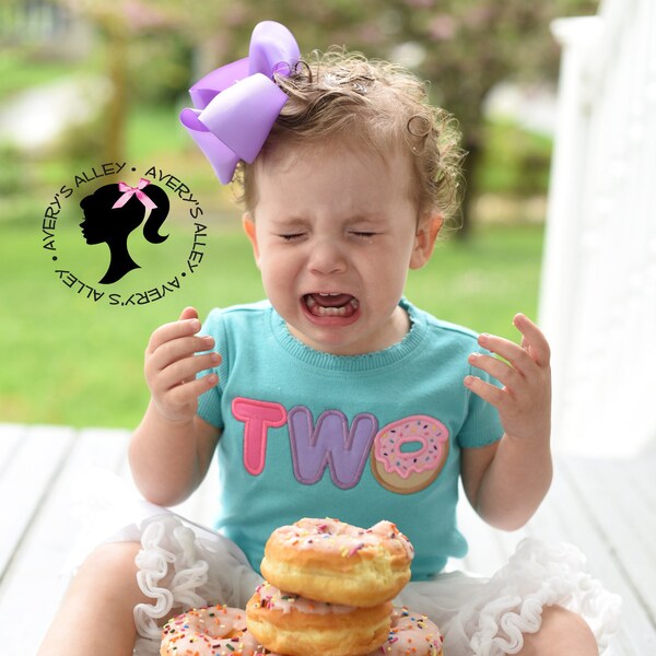 TWO Donut Birthday - Girls Aqua 2nd Birthday Donut Birthday Shirt & Matching Hair Bow Set - Can also say ONE!