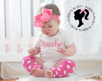 Personalized Hot Pink Name - Girls Personalized Embroidered Shirt or Bodysuit, Hair Bow, Leg Warmers