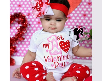 My 1st Valentine's Day - Girls Chevron Applique First Valentine's Day Shirt & Matching Hair Bow Set
