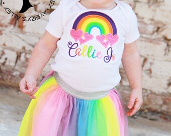 Personalized Heart Rainbow - Girls Rainbow Birthday Applique Shirt with Add on Hair Bow and Leg Warmers