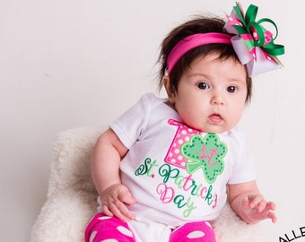 My 1st St. Patrick's Day - Girls Polka Dot Applique First St Patrick's Day Shirt with Matching Hair Bow and Leg Warmers