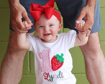 Strawberry Birthday - Any Age! Girls Embroidered Strawberry Birthday Shirt with Add on Hair Bow and Pants