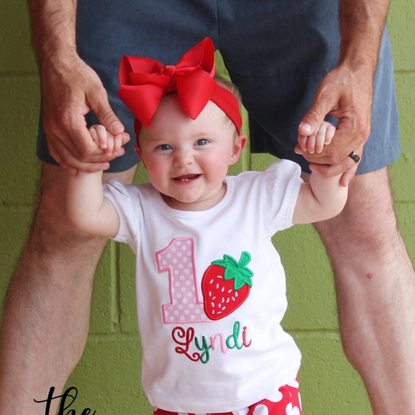 Strawberry Birthday - Any Age! Girls Embroidered Strawberry Birthday Shirt with Add on Hair Bow and Pants