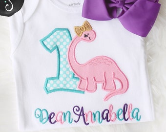 Girls Dinosaur Birthday - Any Age! Girls Applique White Shirt & Matching Hair Bow Set