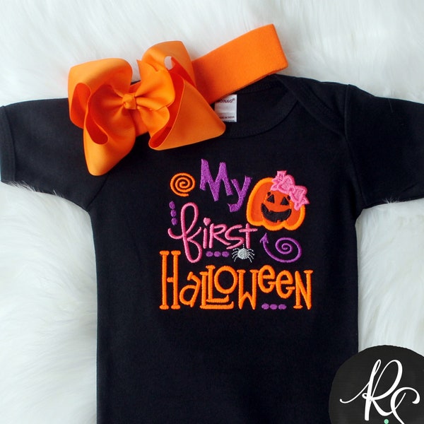 My First Halloween - Girls Embroidered Pumpkin 1st Halloween Shirt or Bodysuit & Matching Hair Bow Baby Halloween Outfit