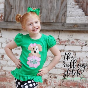 Personalized St. Patrick&#39;s Day Puppy - Girls Green Ruffle St. Patrick&#39;s Day Shirt, Hair Bow, Pants