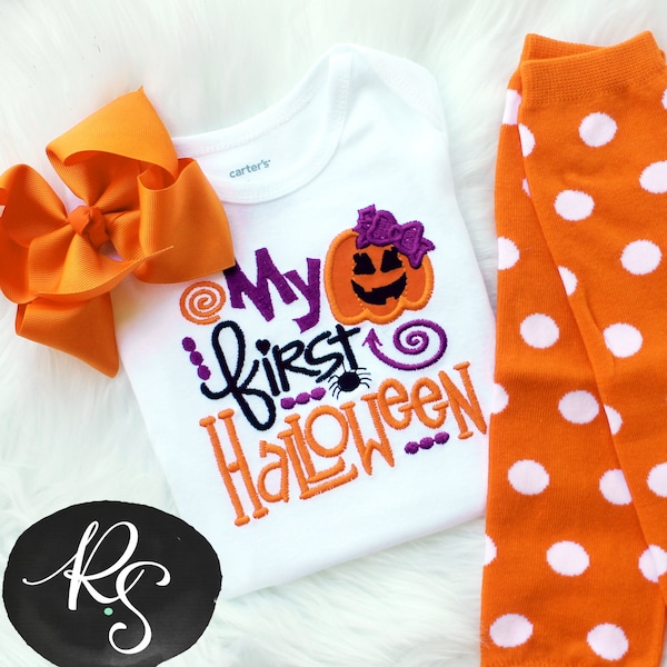 My First Halloween - Girls Embroidered 1st Halloween Shirt or Bodysuit, Hair Bow, Leg Warmers