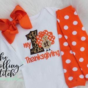 My 1st Thanksgiving - Girls Leopard Turkey Applique Shirt with Add on Hair Bow and Leg Warmers for First Thanksgiving